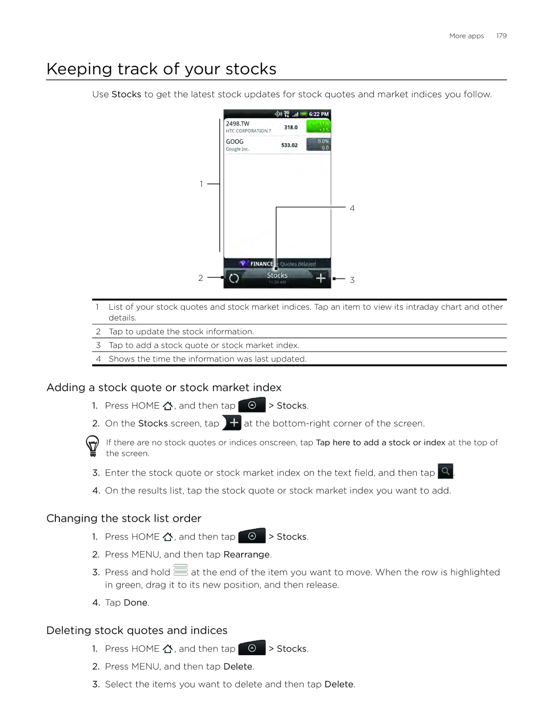 HTC ADR6300 manual Keeping track of your stocks, Adding a stock quote or stock market index, Changing the stock list order 