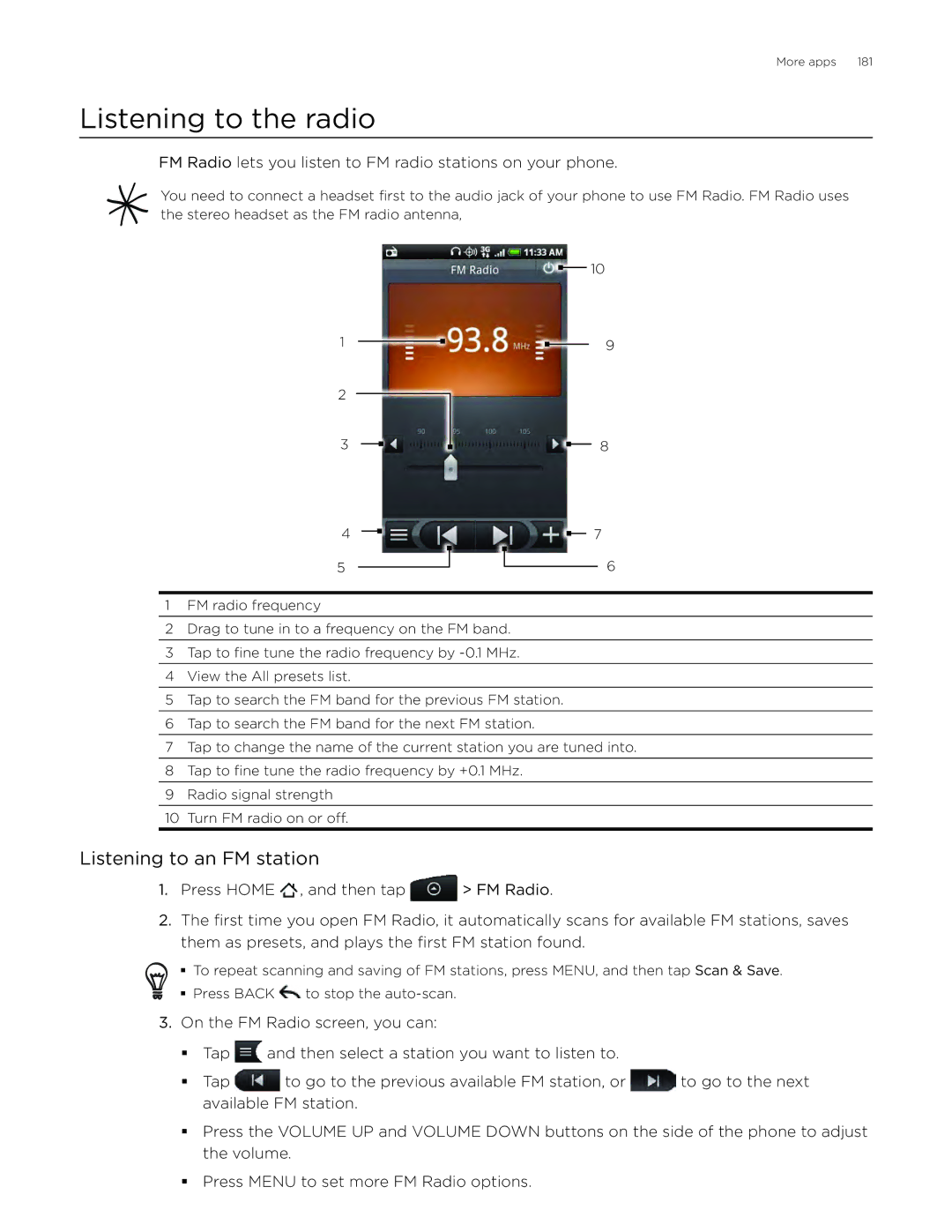 HTC ADR6300, DROID Incredible manual Listening to the radio, Listening to an FM station 