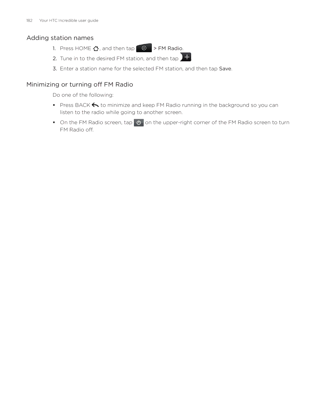 HTC DROID Incredible, ADR6300 manual Adding station names, Minimizing or turning off FM Radio 