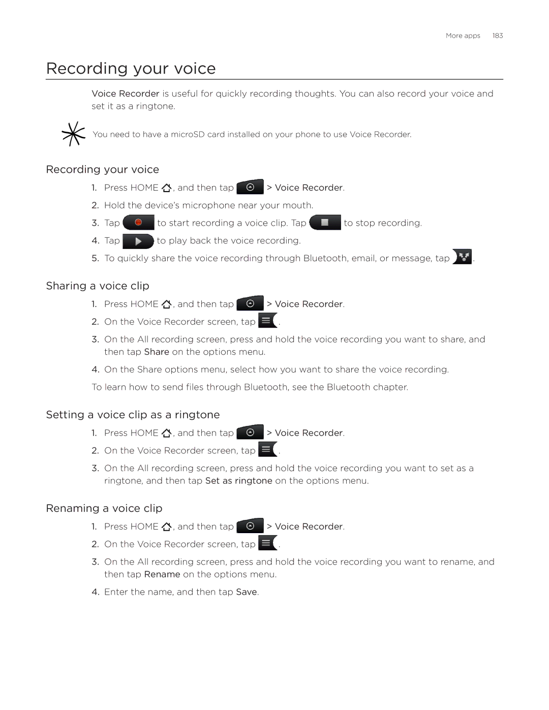 HTC ADR6300 manual Recording your voice, Sharing a voice clip, Setting a voice clip as a ringtone, Renaming a voice clip 