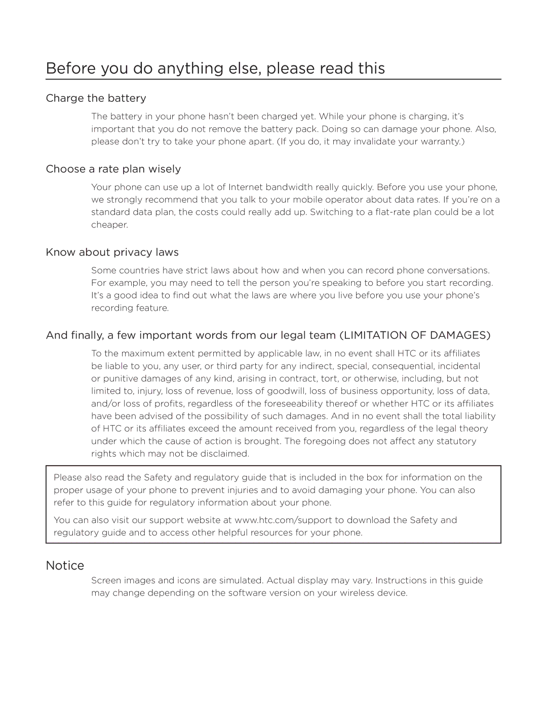 HTC DROID Incredible, ADR6300 Before you do anything else, please read this, Charge the battery, Choose a rate plan wisely 