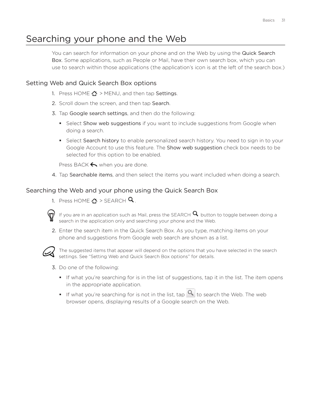 HTC ADR6300, DROID Incredible manual Searching your phone and the Web, Setting Web and Quick Search Box options 