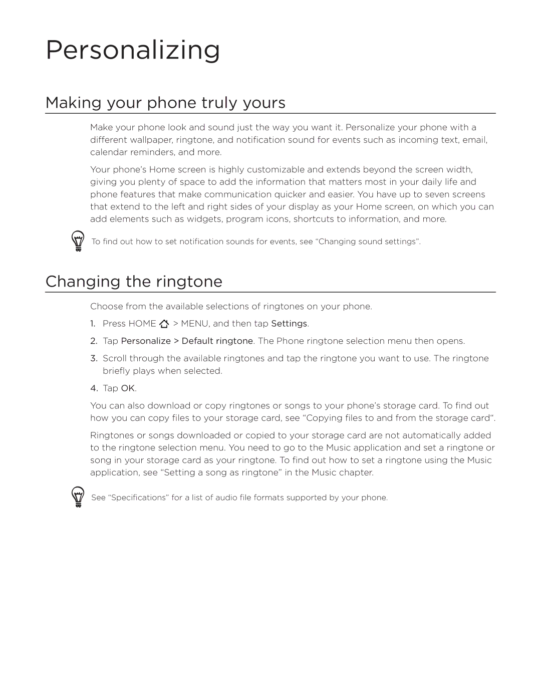 HTC DROID Incredible, ADR6300 manual Personalizing, Making your phone truly yours, Changing the ringtone 