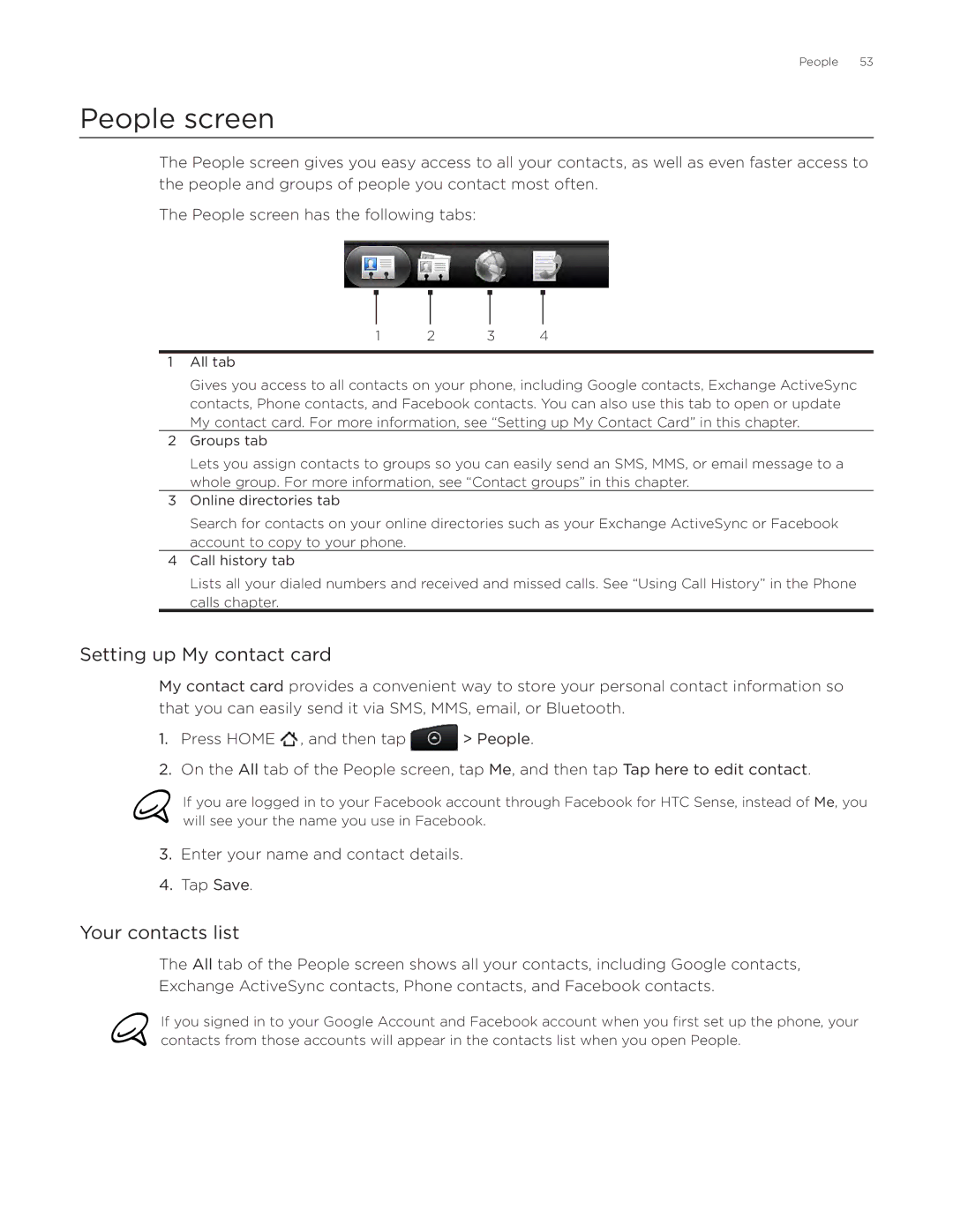 HTC ADR6300, DROID Incredible manual People screen, Setting up My contact card, Your contacts list 