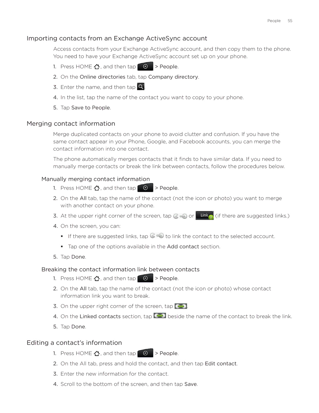 HTC ADR6300, DROID Incredible manual Importing contacts from an Exchange ActiveSync account, Merging contact information 