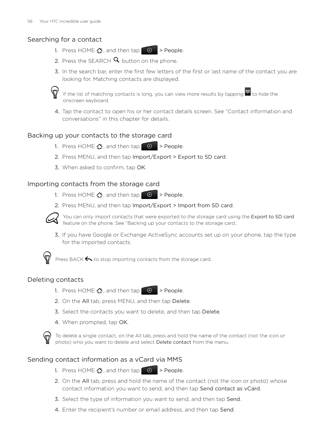 HTC DROID Incredible, ADR6300 Searching for a contact, Backing up your contacts to the storage card, Deleting contacts 
