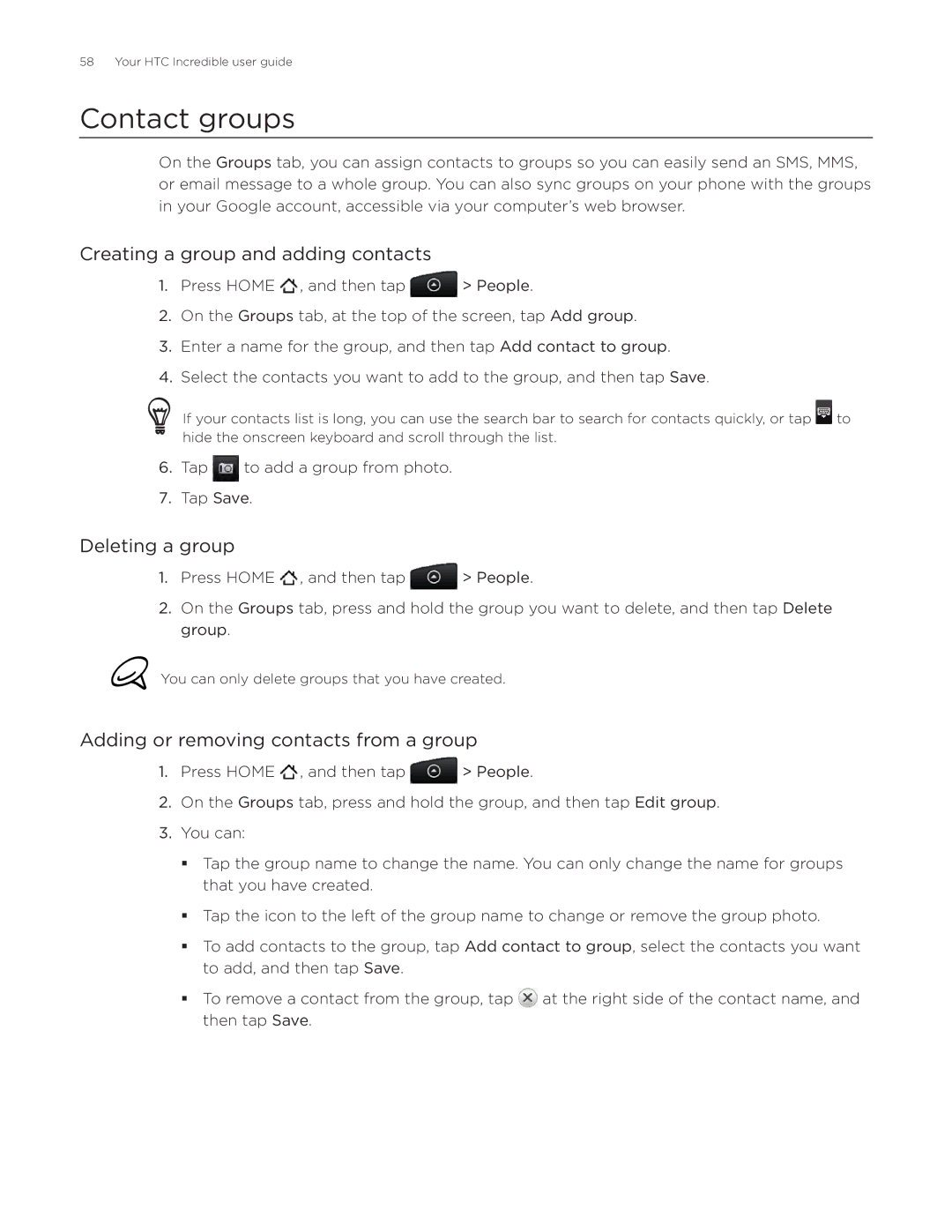 HTC DROID Incredible, ADR6300 manual Contact groups, Creating a group and adding contacts, Deleting a group 