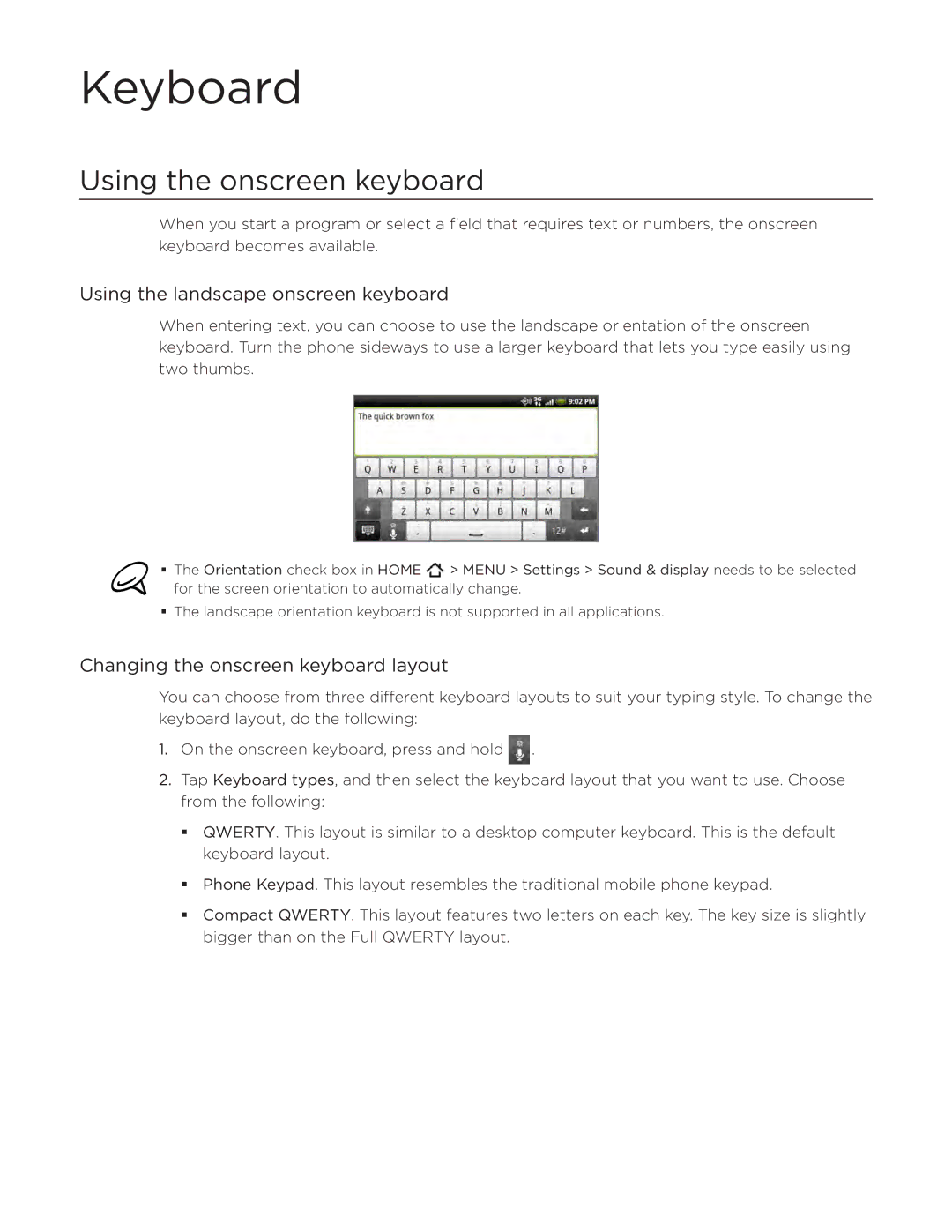 HTC DROID Incredible, ADR6300 manual Keyboard, Using the onscreen keyboard, Using the landscape onscreen keyboard 