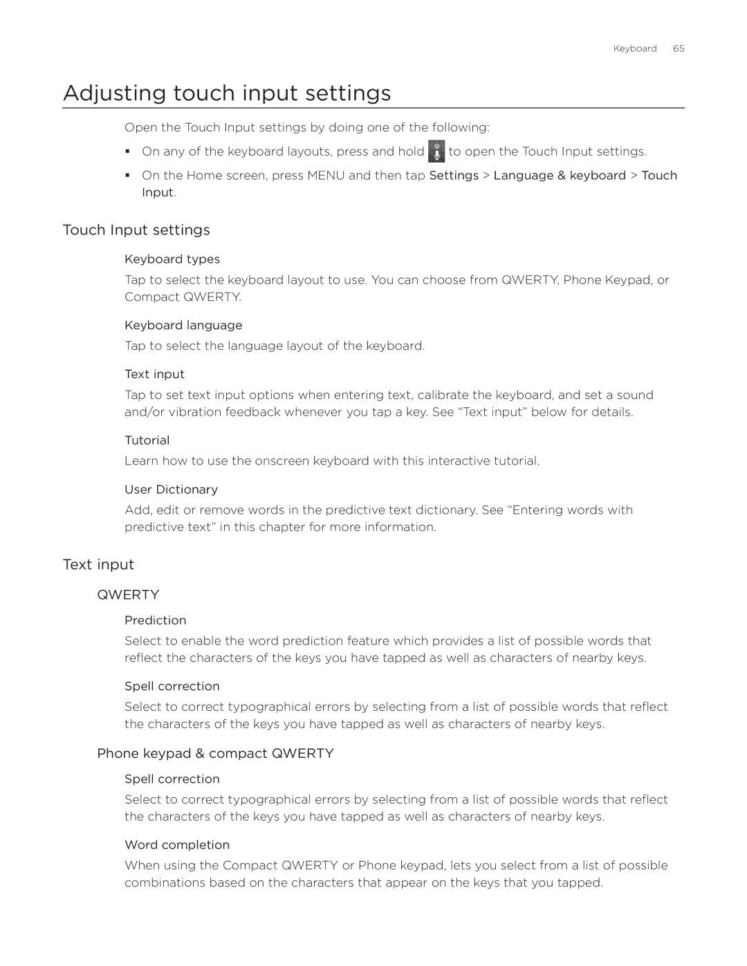 HTC ADR6300 manual Adjusting touch input settings, Touch Input settings, Text input, Phone keypad & compact Qwerty 