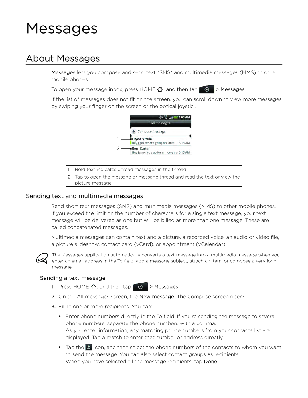 HTC ADR6300, DROID Incredible manual About Messages, Sending text and multimedia messages, Sending a text message 