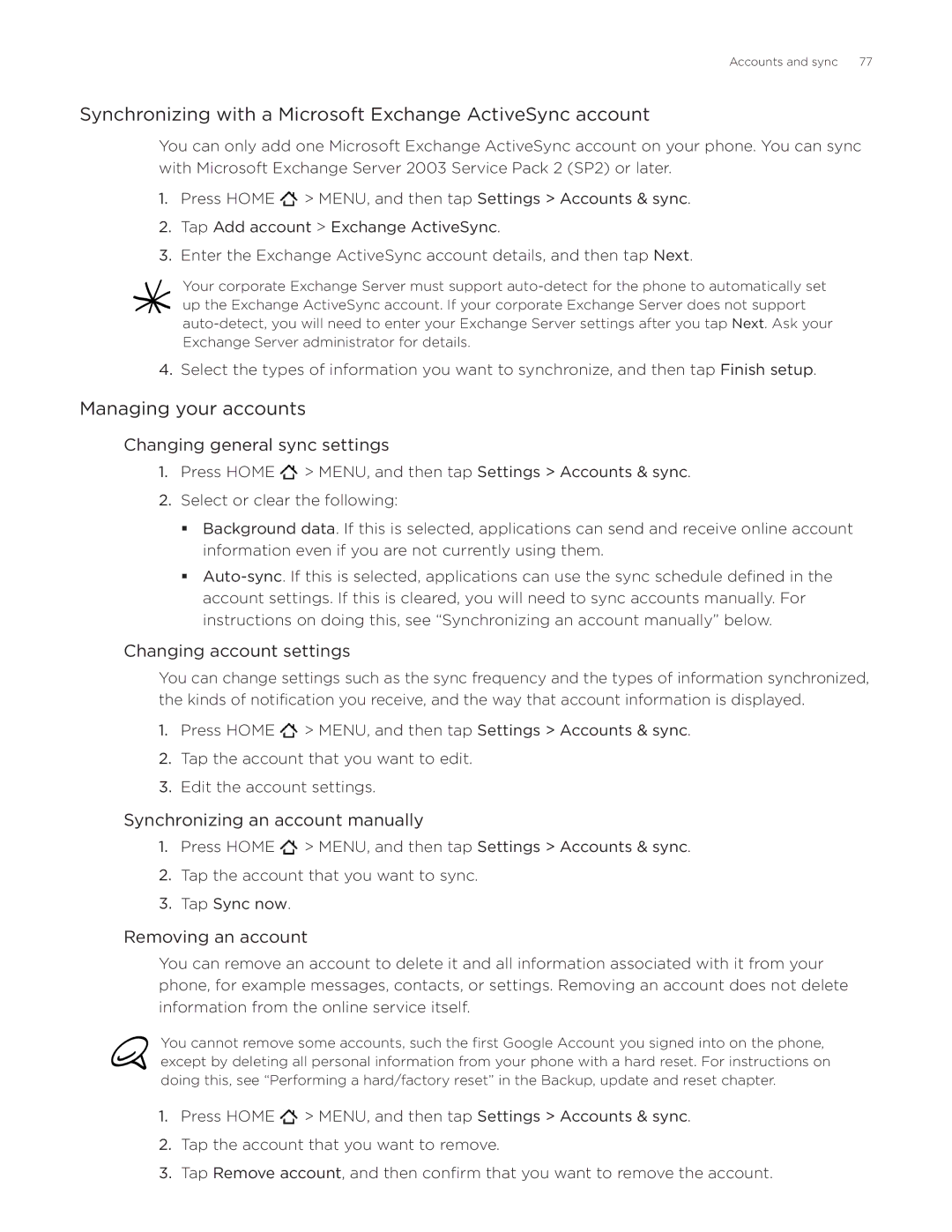 HTC ADR6300, DROID Incredible manual Synchronizing with a Microsoft Exchange ActiveSync account, Managing your accounts 