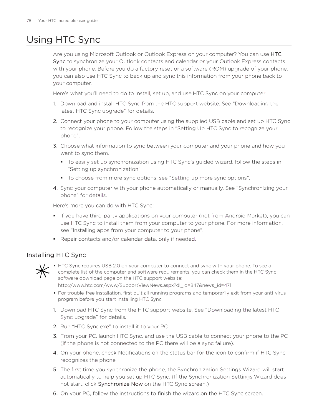 HTC DROID Incredible, ADR6300 manual Using HTC Sync, Installing HTC Sync 
