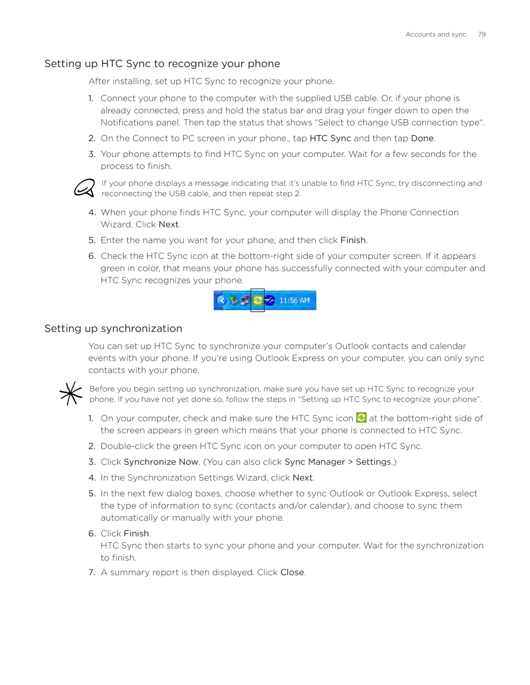 HTC ADR6300, DROID Incredible manual Setting up HTC Sync to recognize your phone, Setting up synchronization 