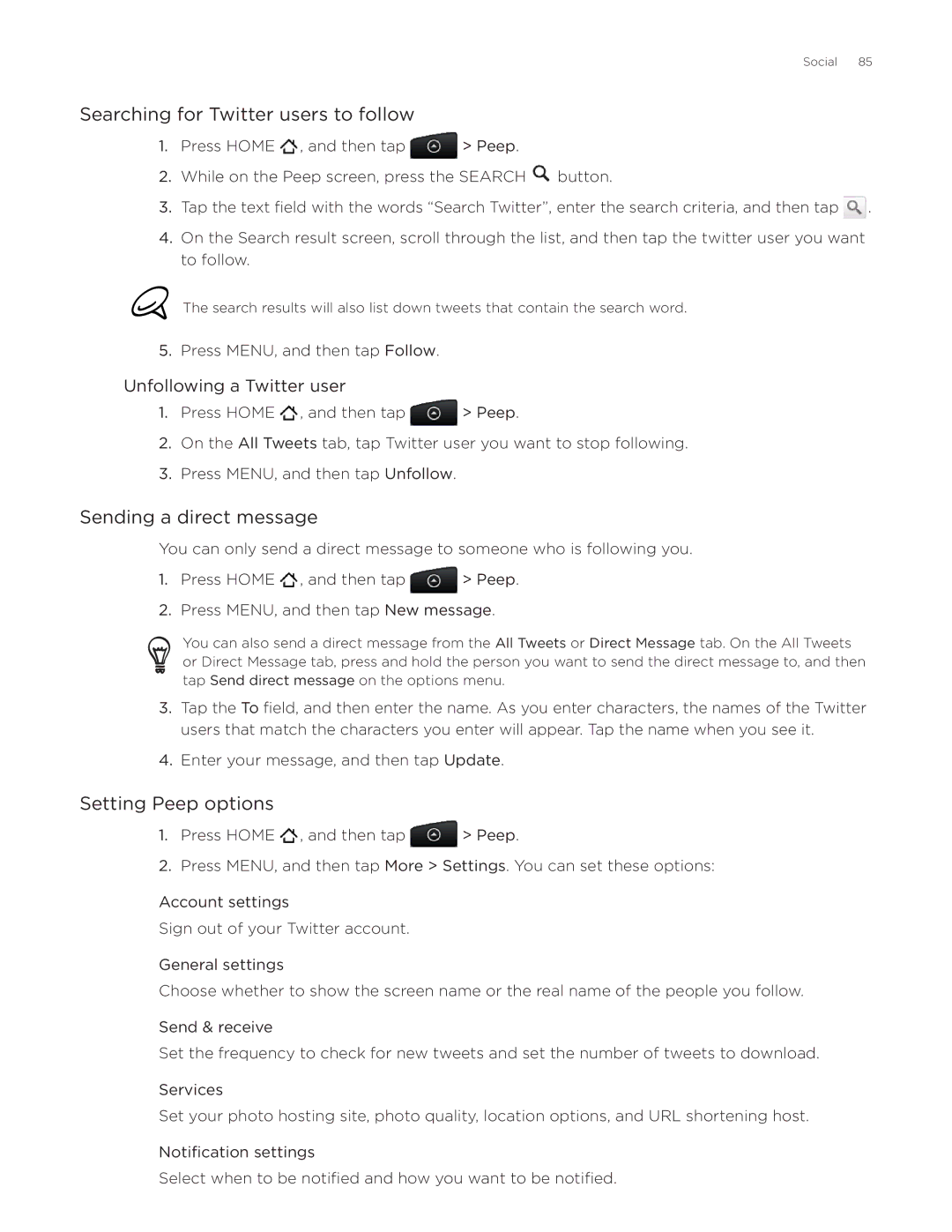 HTC ADR6300, DROID Incredible manual Searching for Twitter users to follow, Sending a direct message, Setting Peep options 