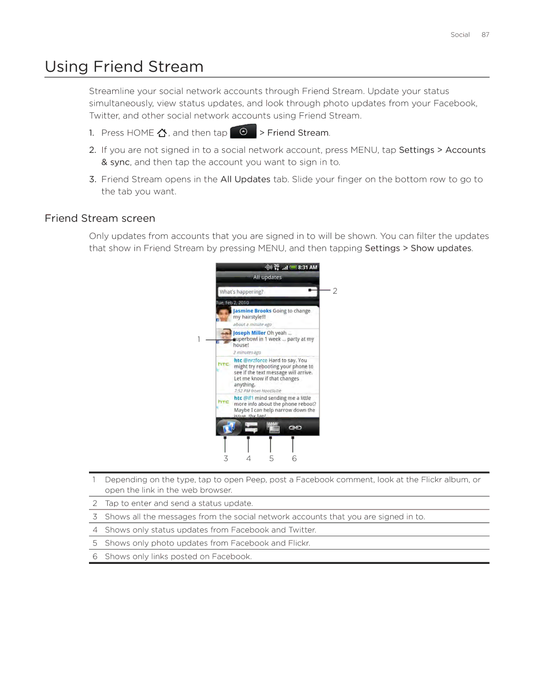 HTC ADR6300, DROID Incredible manual Using Friend Stream, Friend Stream screen 