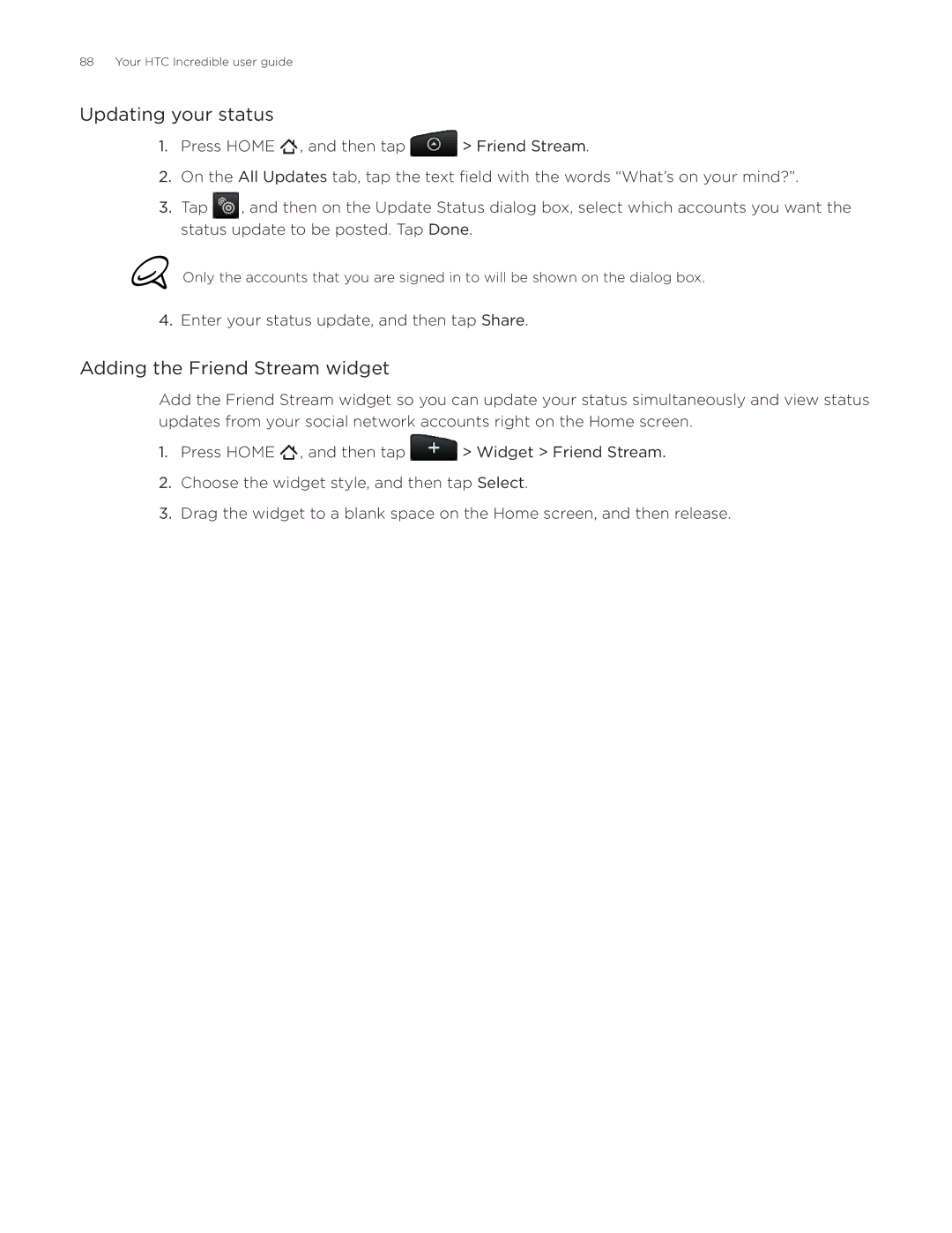 HTC DROID Incredible, ADR6300 manual Updating your status, Adding the Friend Stream widget 