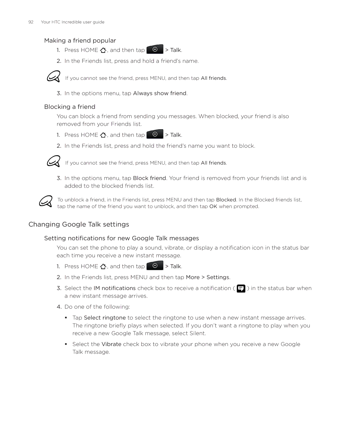 HTC DROID Incredible, ADR6300 manual Changing Google Talk settings, Making a friend popular, Blocking a friend 