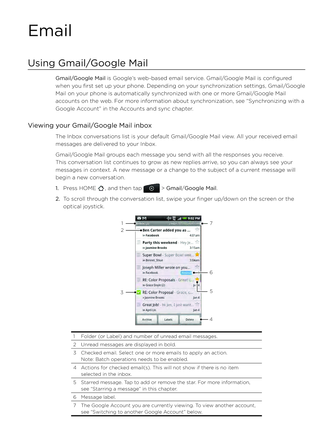 HTC DROID Incredible, ADR6300 manual Using Gmail/Google Mail, Viewing your Gmail/Google Mail inbox 