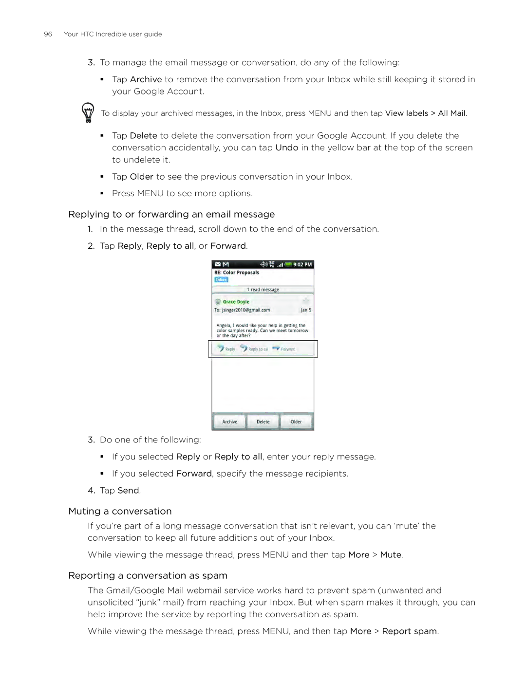 HTC DROID Incredible Replying to or forwarding an email message, Muting a conversation, Reporting a conversation as spam 