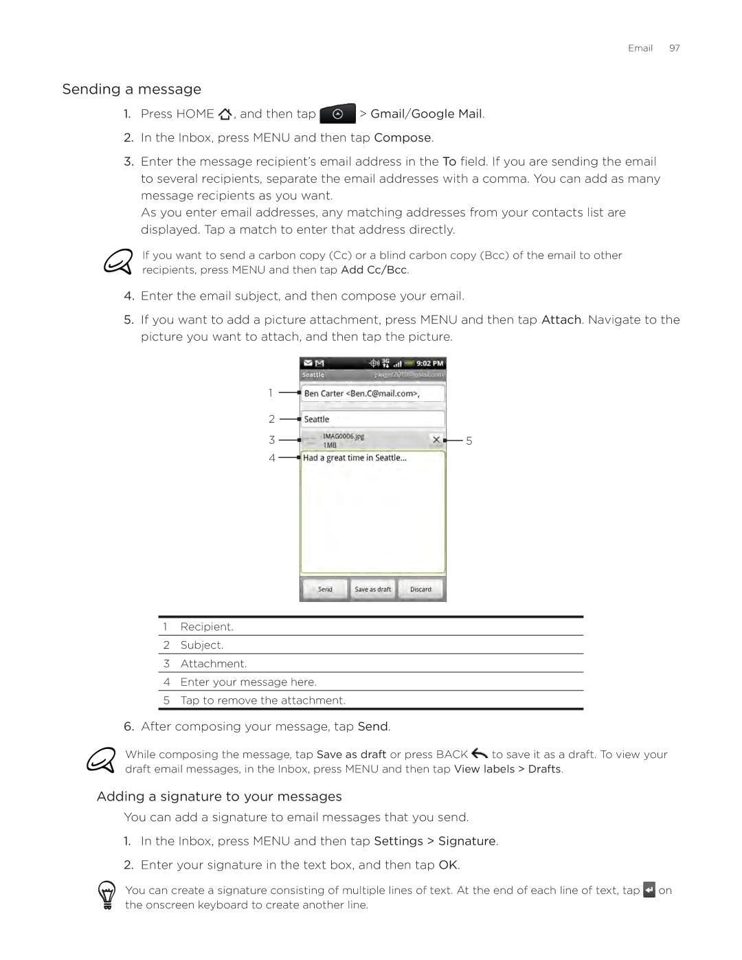 HTC ADR6300, DROID Incredible manual Sending a message, Adding a signature to your messages 