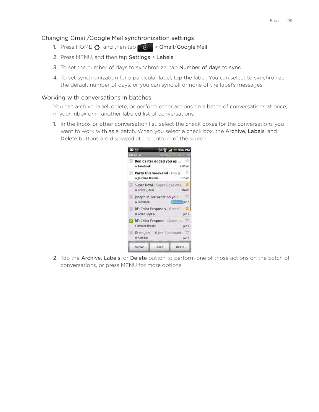 HTC ADR6300, DROID Incredible Changing Gmail/Google Mail synchronization settings, Working with conversations in batches 