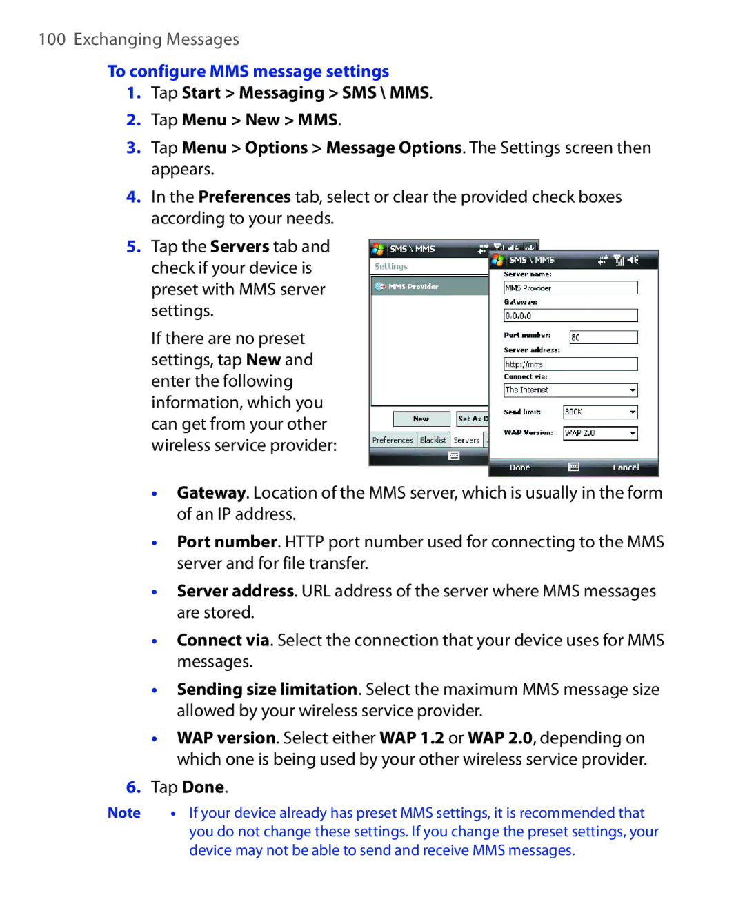 HTC ELF0100 user manual To configure MMS message settings, Tap Done 