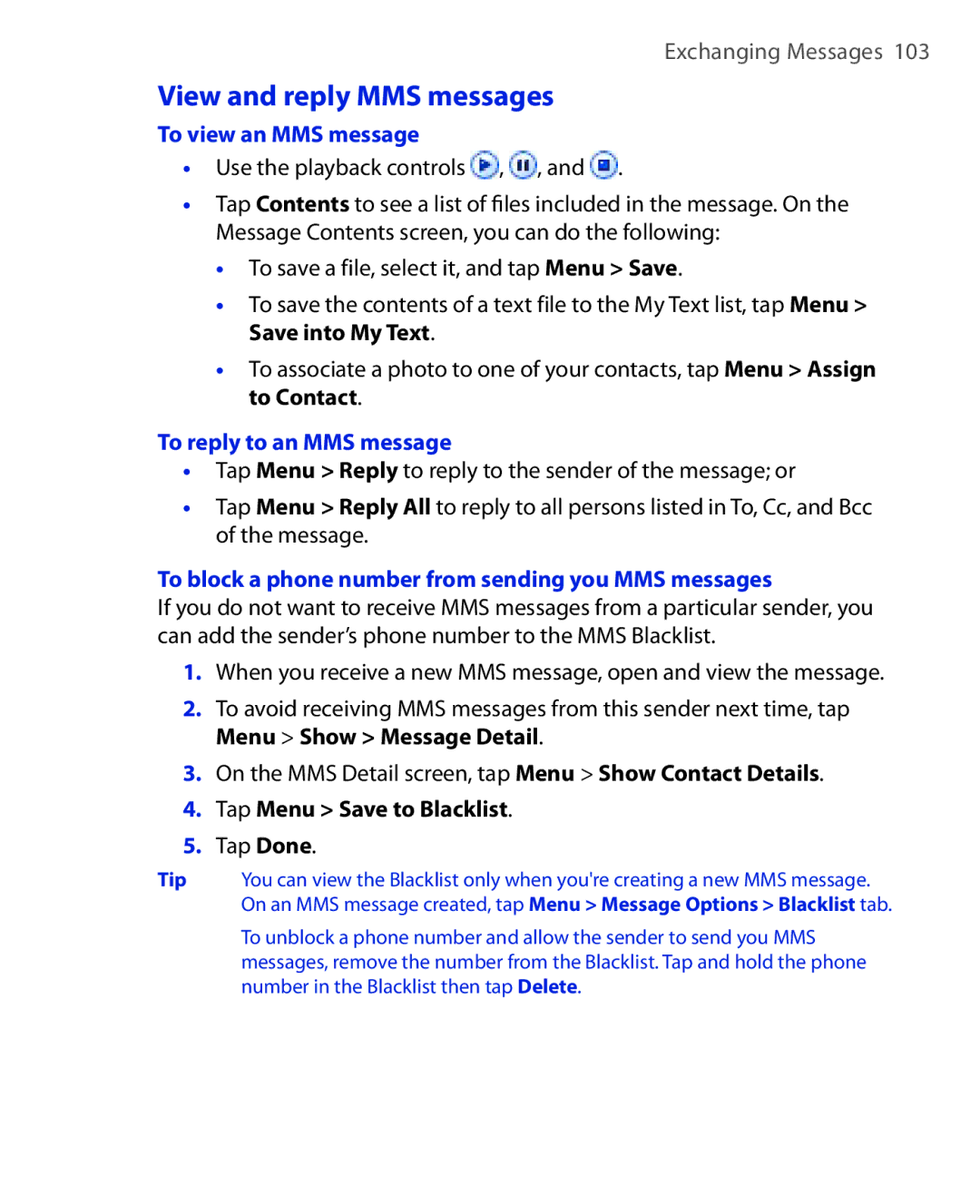 HTC ELF0100 View and reply MMS messages, To view an MMS message, To reply to an MMS message, Tap Menu Save to Blacklist 