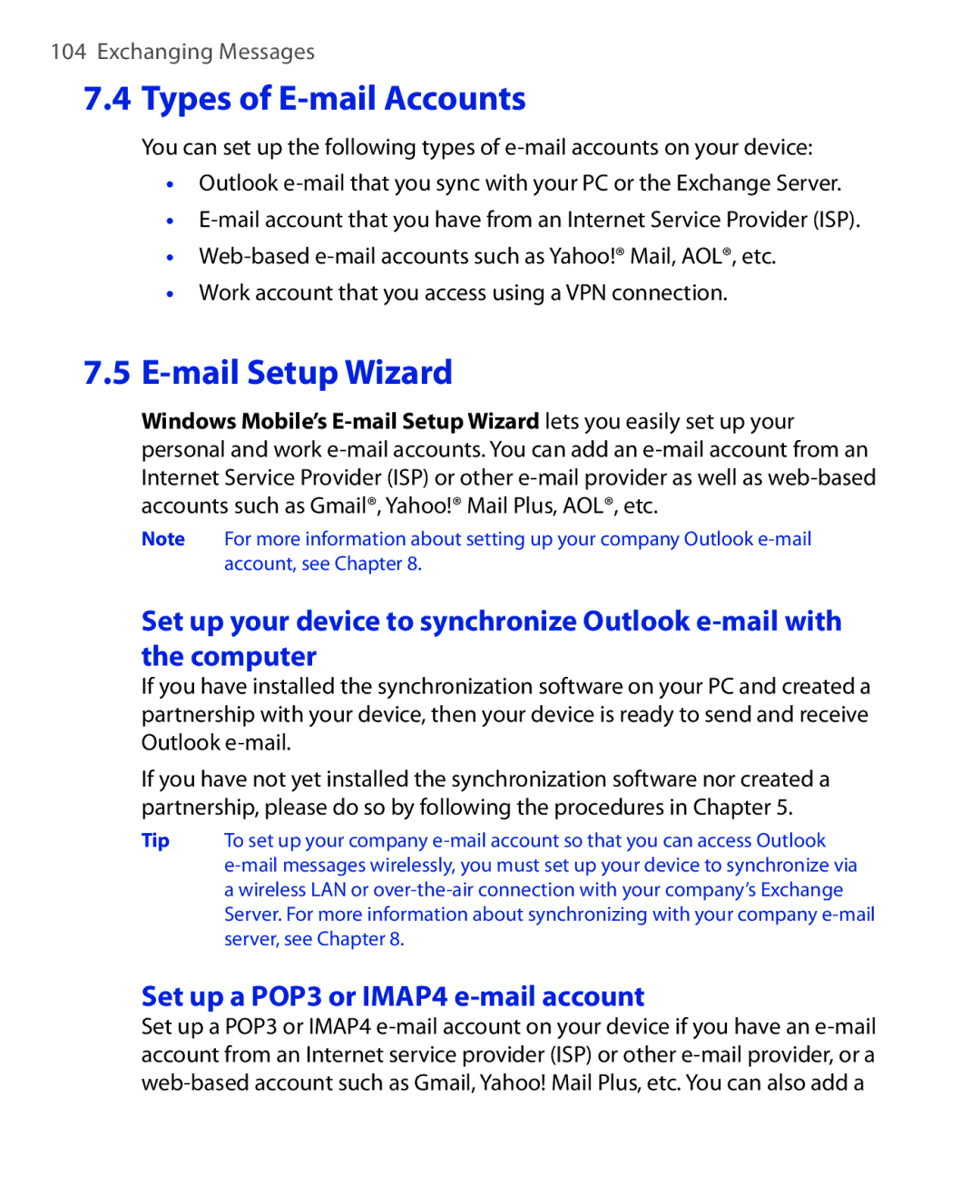 HTC ELF0100 user manual Types of E-mail Accounts, Set up a POP3 or IMAP4 e-mail account 