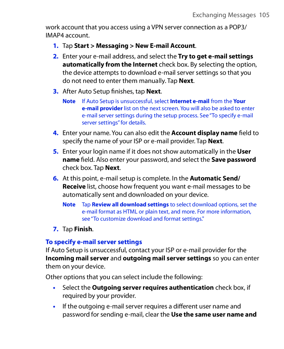 HTC ELF0100 user manual Tap Start Messaging New E-mail Account, After Auto Setup ﬁnishes, tap Next, Tap Finish 