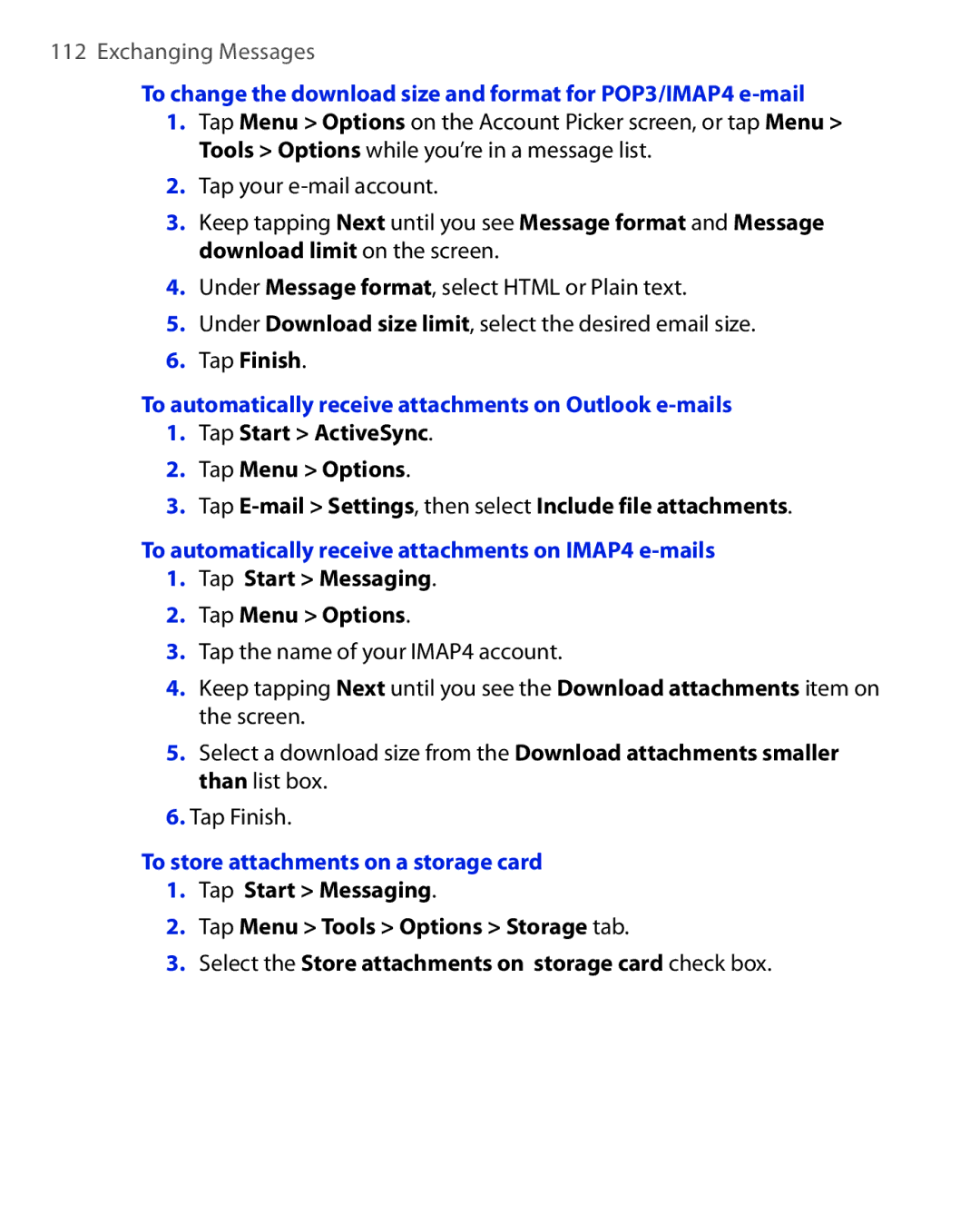 HTC ELF0100 To automatically receive attachments on Outlook e-mails, To automatically receive attachments on IMAP4 e-mails 