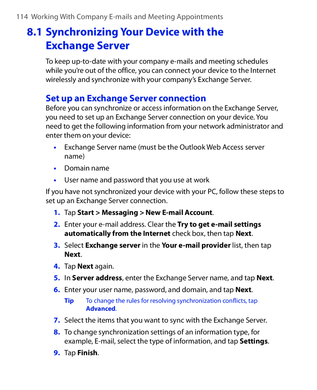 HTC ELF0100 user manual Synchronizing Your Device with the Exchange Server, Set up an Exchange Server connection 