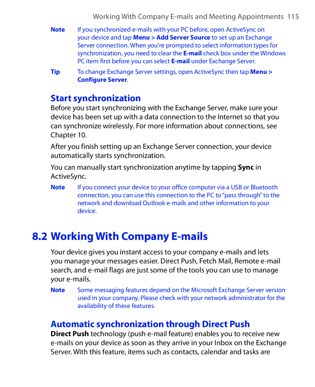 HTC ELF0100 user manual Working With Company E-mails, Start synchronization, Automatic synchronization through Direct Push 