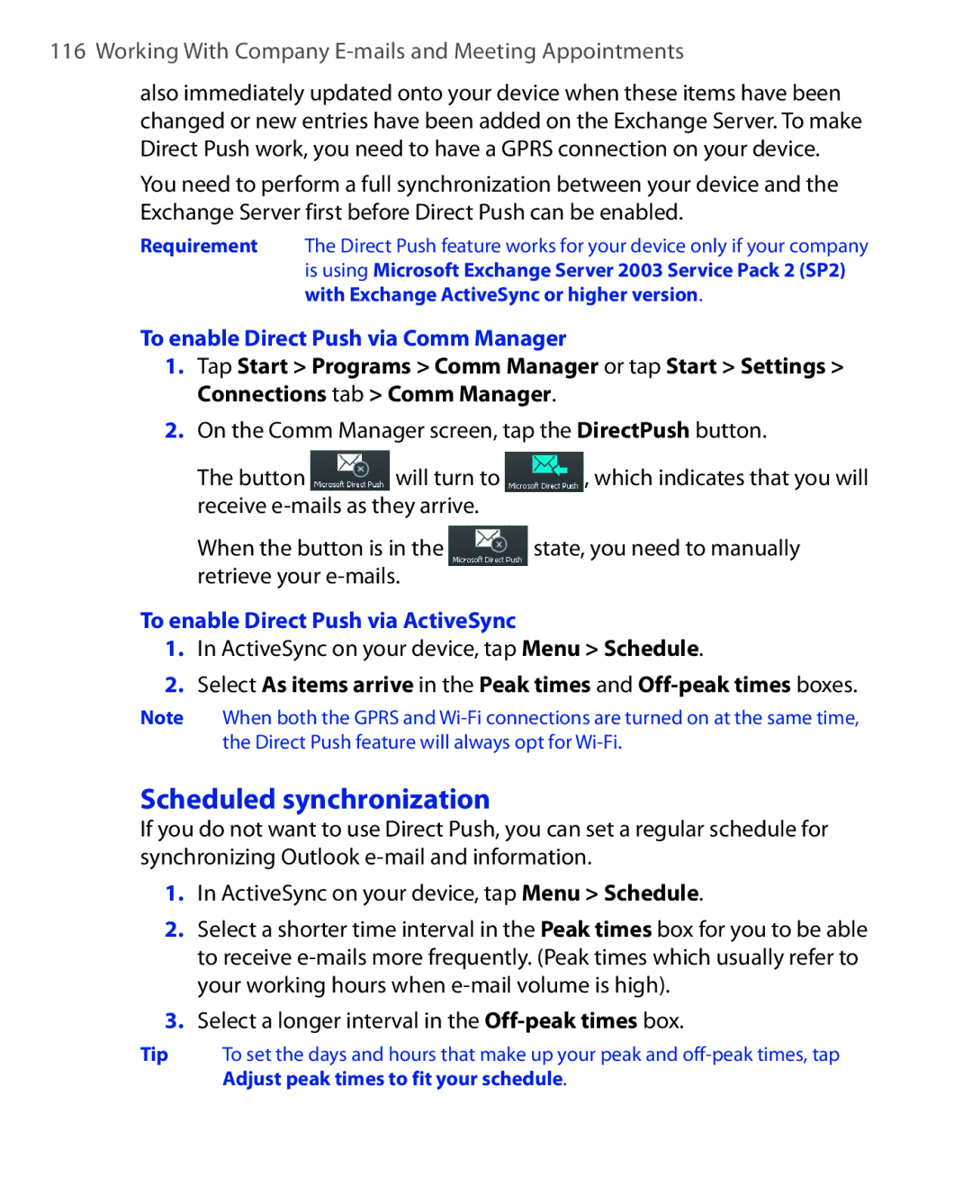 HTC ELF0100 user manual Scheduled synchronization, To enable Direct Push via Comm Manager 