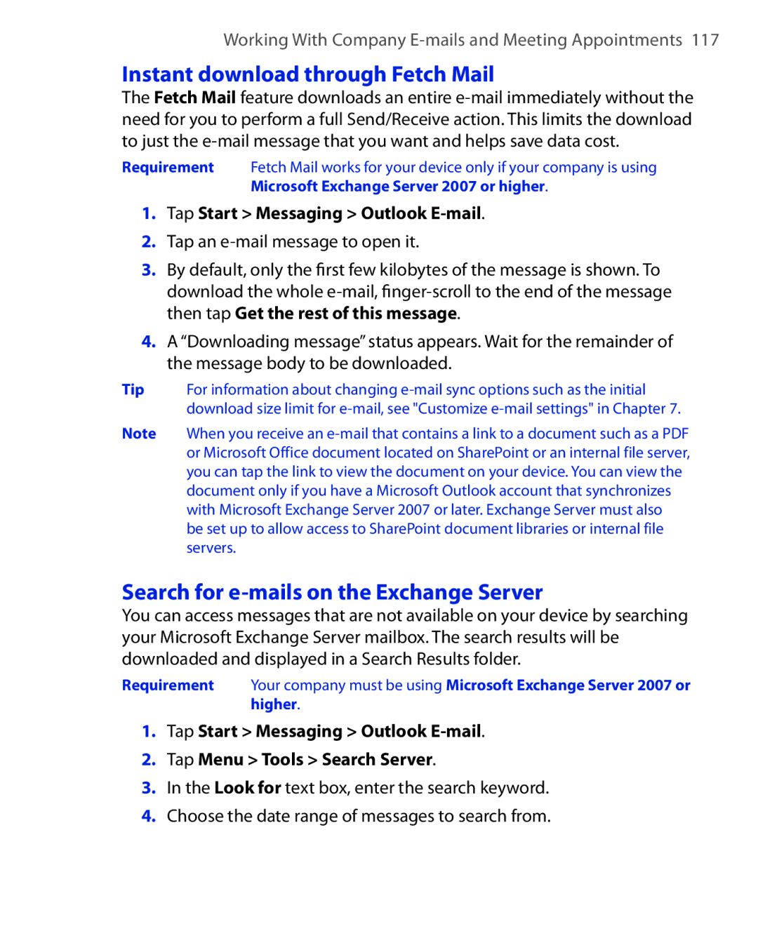 HTC ELF0100 user manual Instant download through Fetch Mail, Search for e-mails on the Exchange Server 