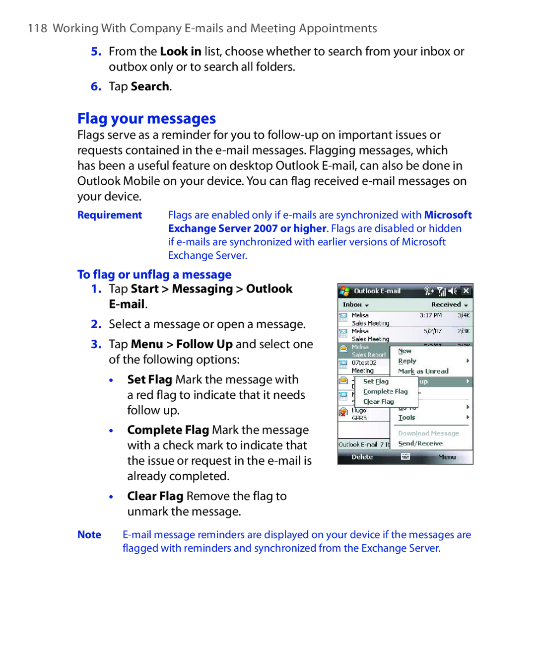 HTC ELF0100 user manual Flag your messages, Tap Search, To flag or unflag a message 