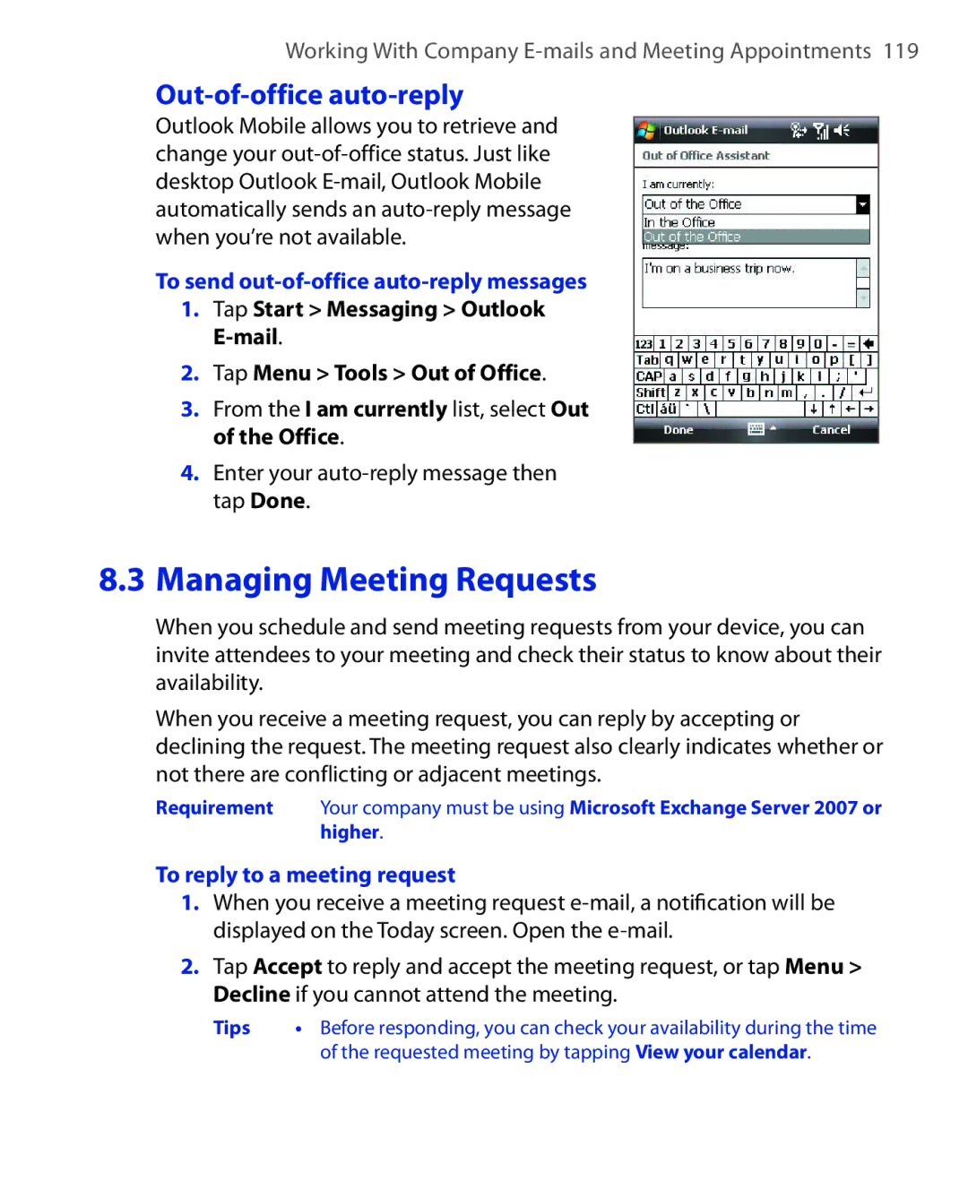 HTC ELF0100 user manual Out-of-office auto-reply, To send out-of-office auto-reply messages, To reply to a meeting request 