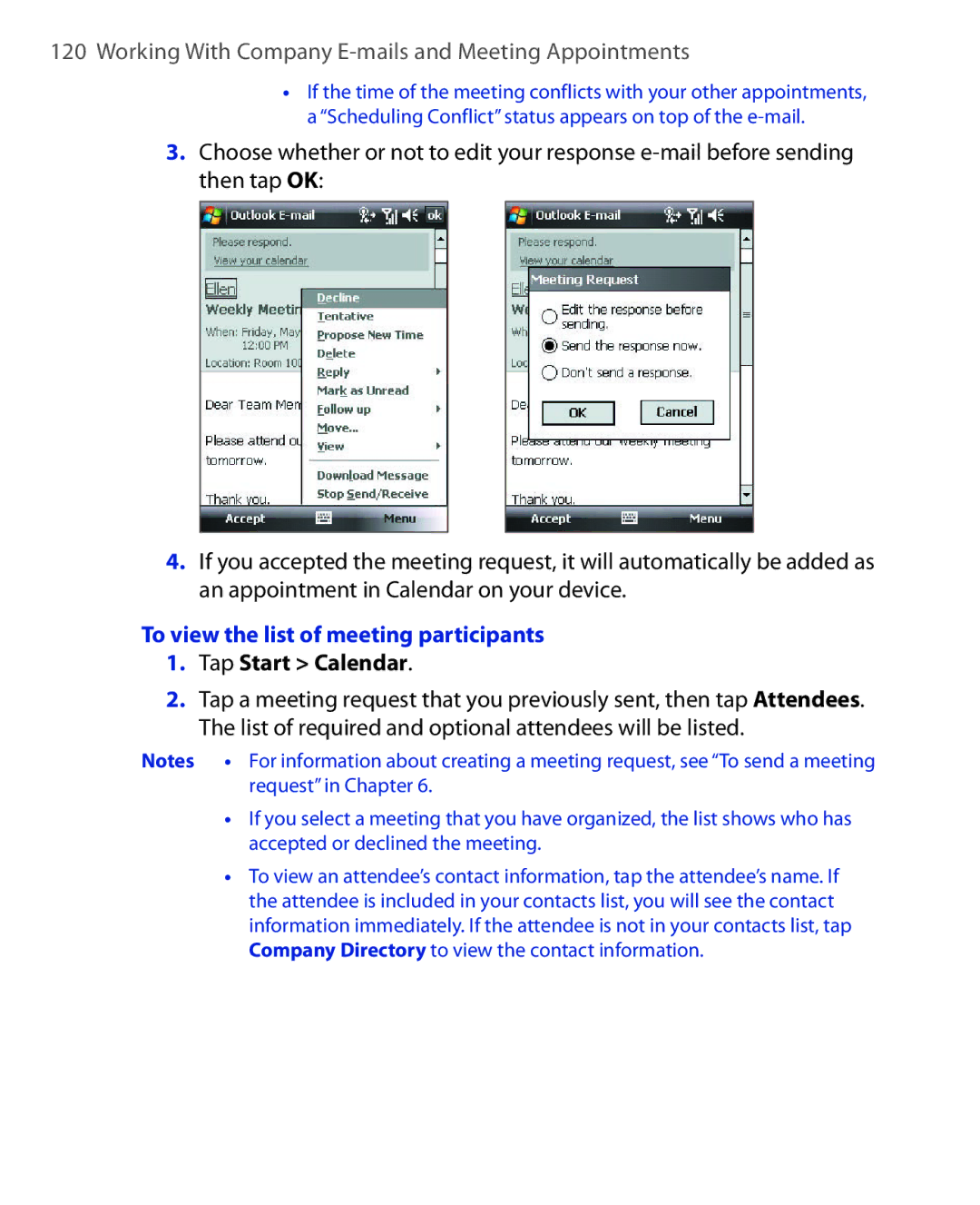 HTC ELF0100 user manual To view the list of meeting participants, Tap Start Calendar 