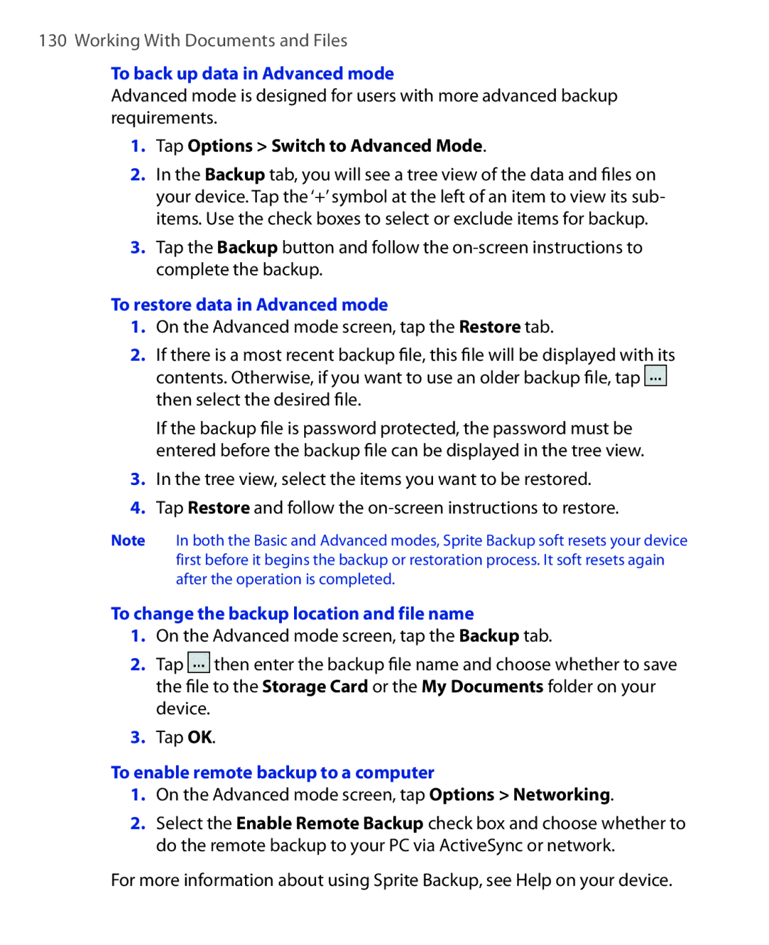 HTC ELF0100 To back up data in Advanced mode, Tap Options Switch to Advanced Mode, To restore data in Advanced mode 