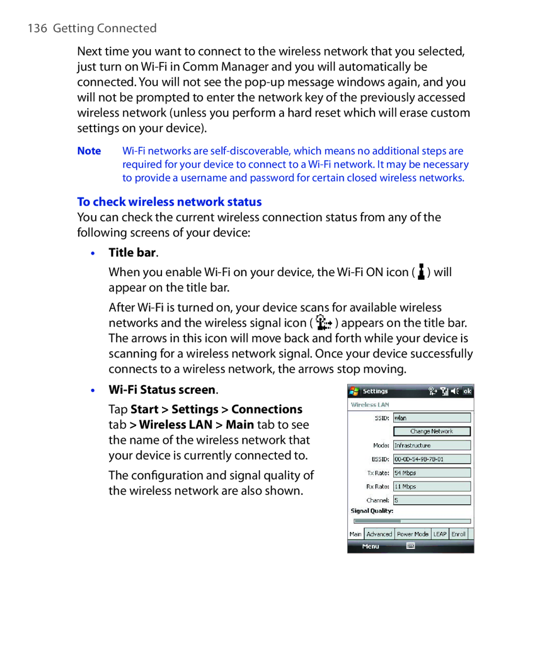 HTC ELF0100 user manual To check wireless network status, Title bar, Wi-Fi Status screen 