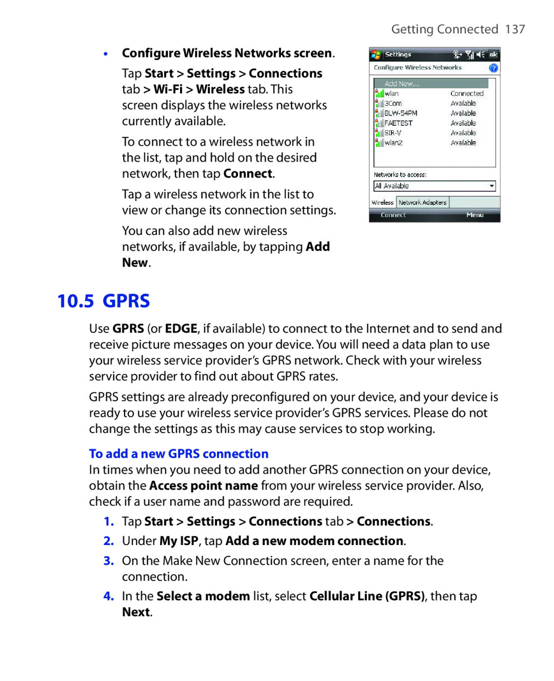 HTC ELF0100 user manual Configure Wireless Networks screen, To add a new Gprs connection 