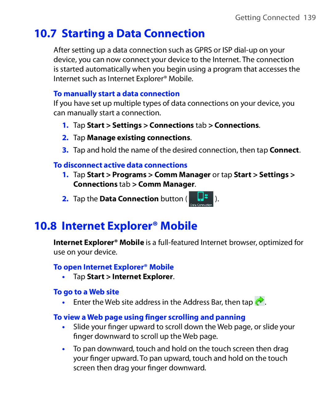 HTC ELF0100 To manually start a data connection, To disconnect active data connections, To open Internet Explorer Mobile 