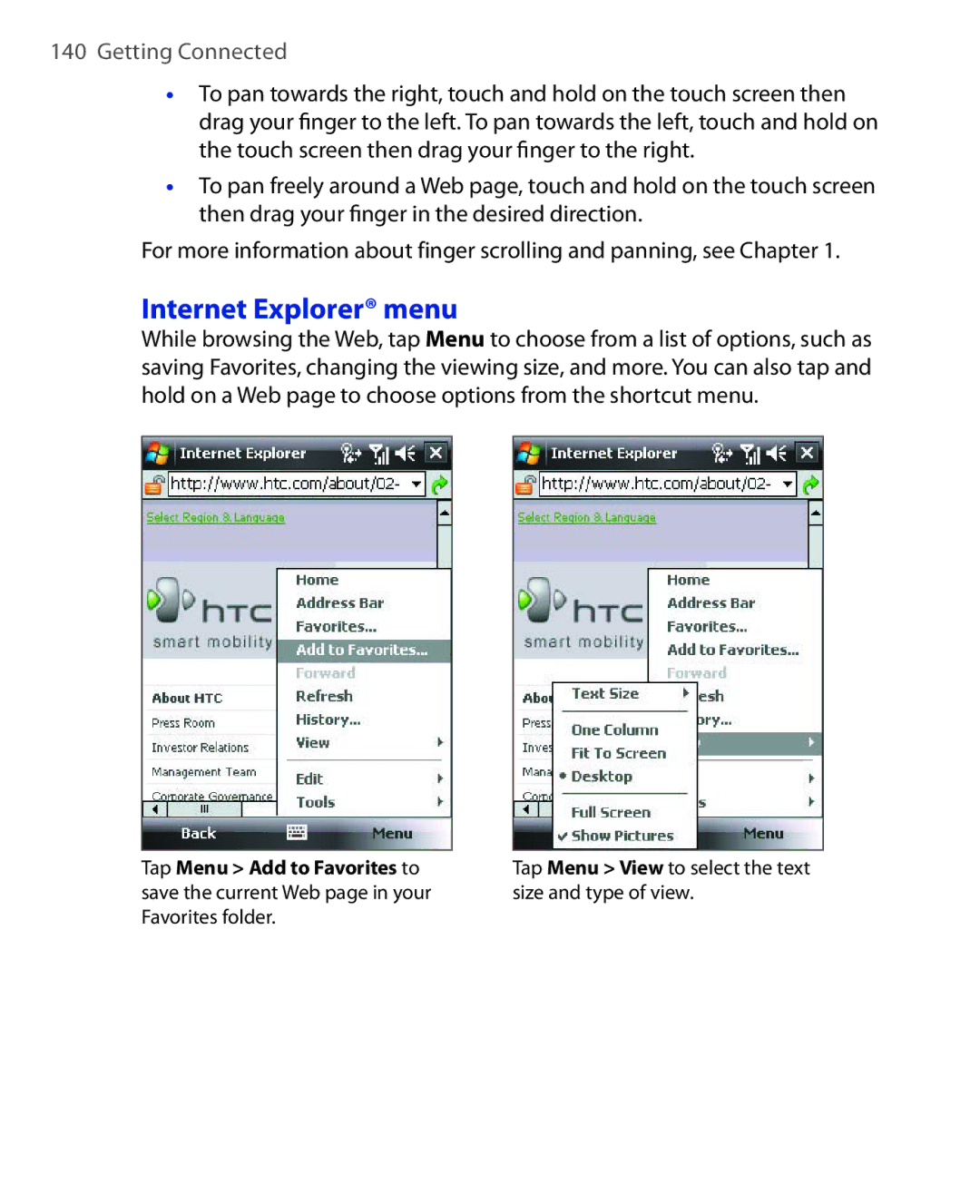 HTC ELF0100 user manual Internet Explorer menu 