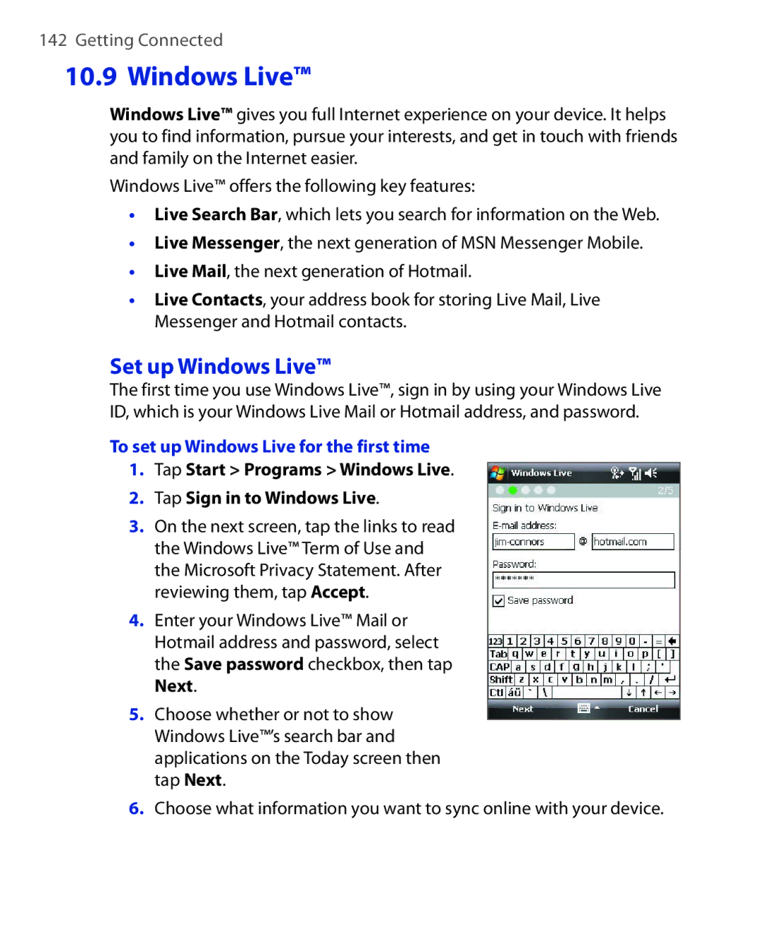 HTC ELF0100 user manual Set up Windows Live, To set up Windows Live for the first time 