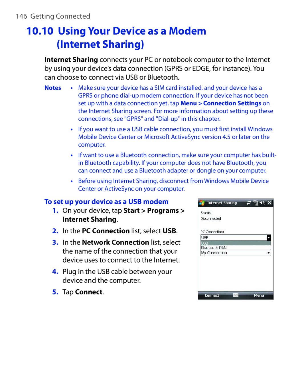 HTC ELF0100 user manual Using Your Device as a Modem Internet Sharing, To set up your device as a USB modem, Tap Connect 