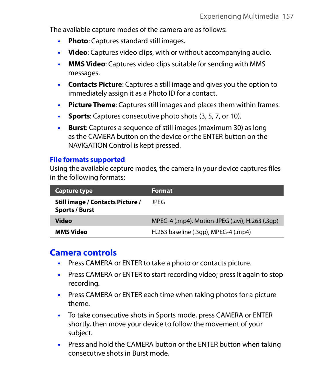 HTC ELF0100 user manual Camera controls, File formats supported 