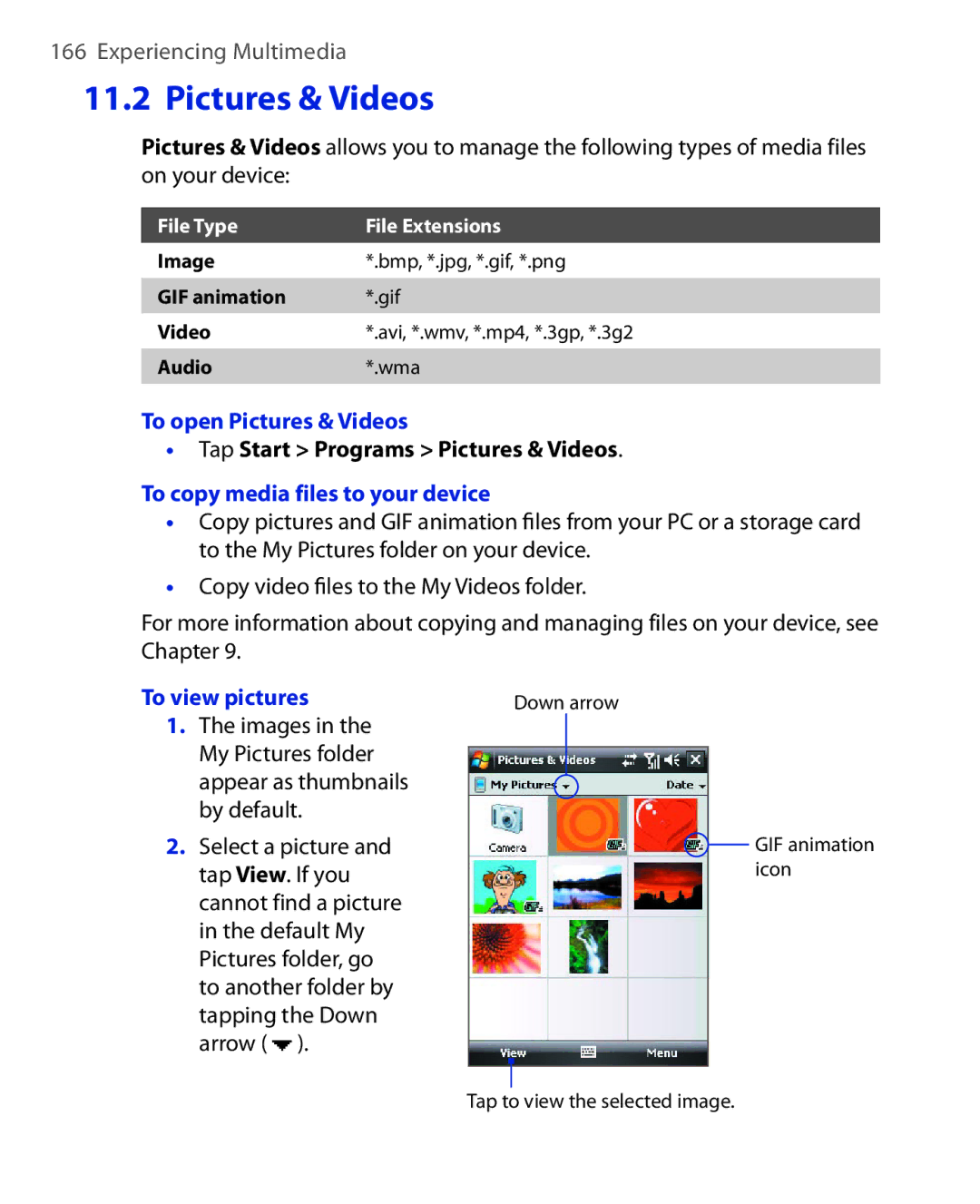 HTC ELF0100 user manual To open Pictures & Videos, Tap Start Programs Pictures & Videos, To copy media files to your device 