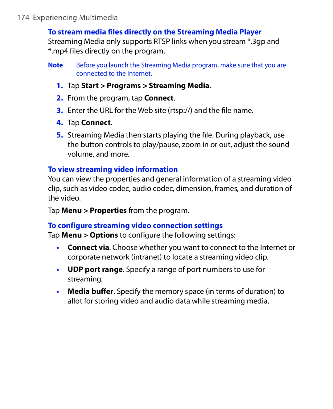 HTC ELF0100 user manual Tap Start Programs Streaming Media, To view streaming video information 