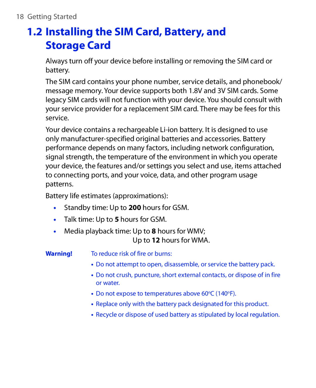 HTC ELF0100 user manual Installing the SIM Card, Battery, and Storage Card 