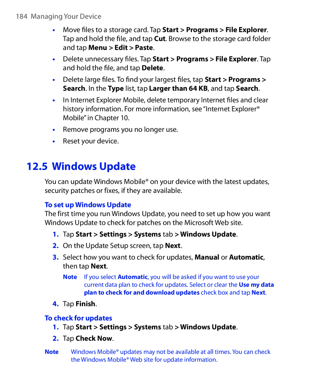 HTC ELF0100 user manual To set up Windows Update, Tap Start Settings Systems tab Windows Update, To check for updates 