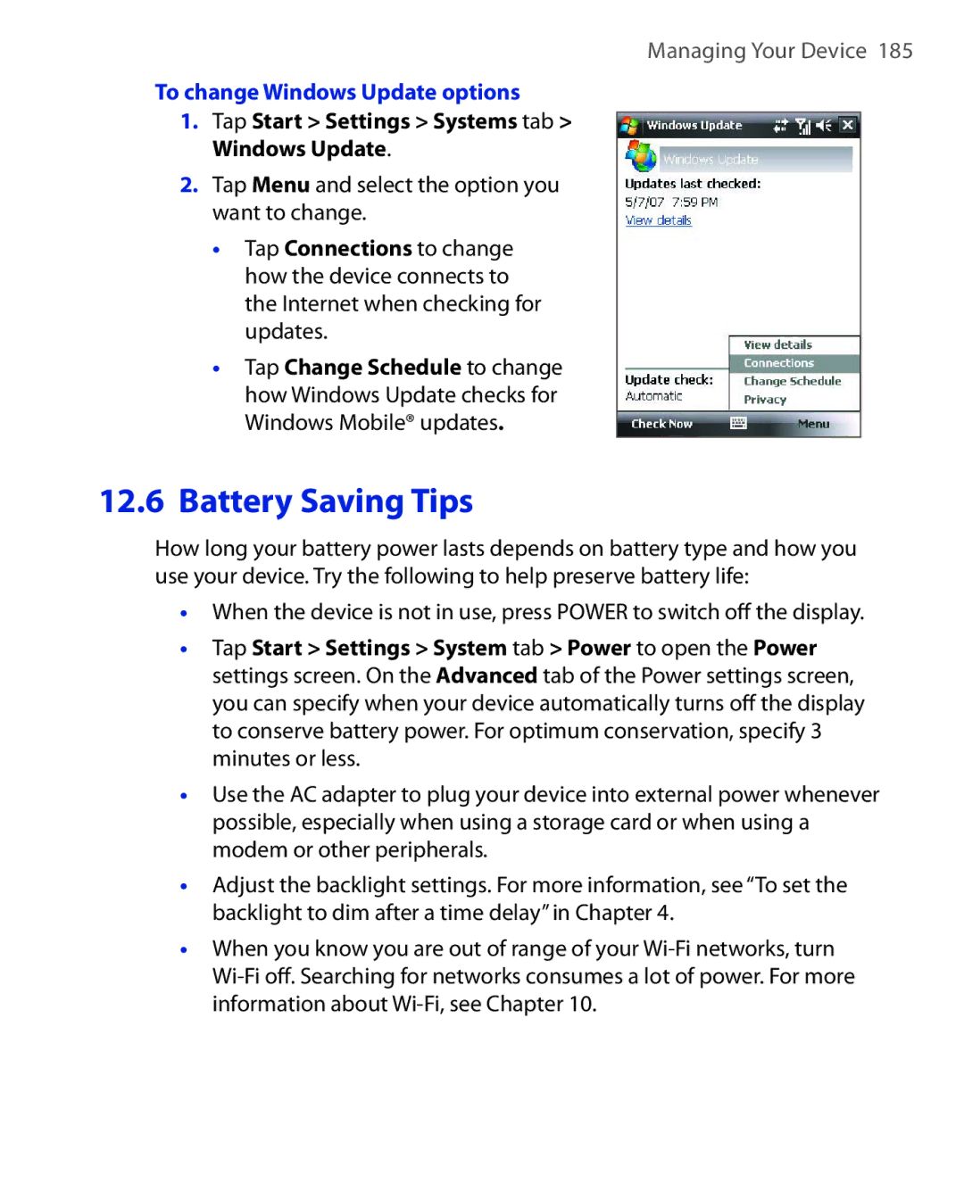 HTC ELF0100 user manual To change Windows Update options, Tap Menu and select the option you want to change 